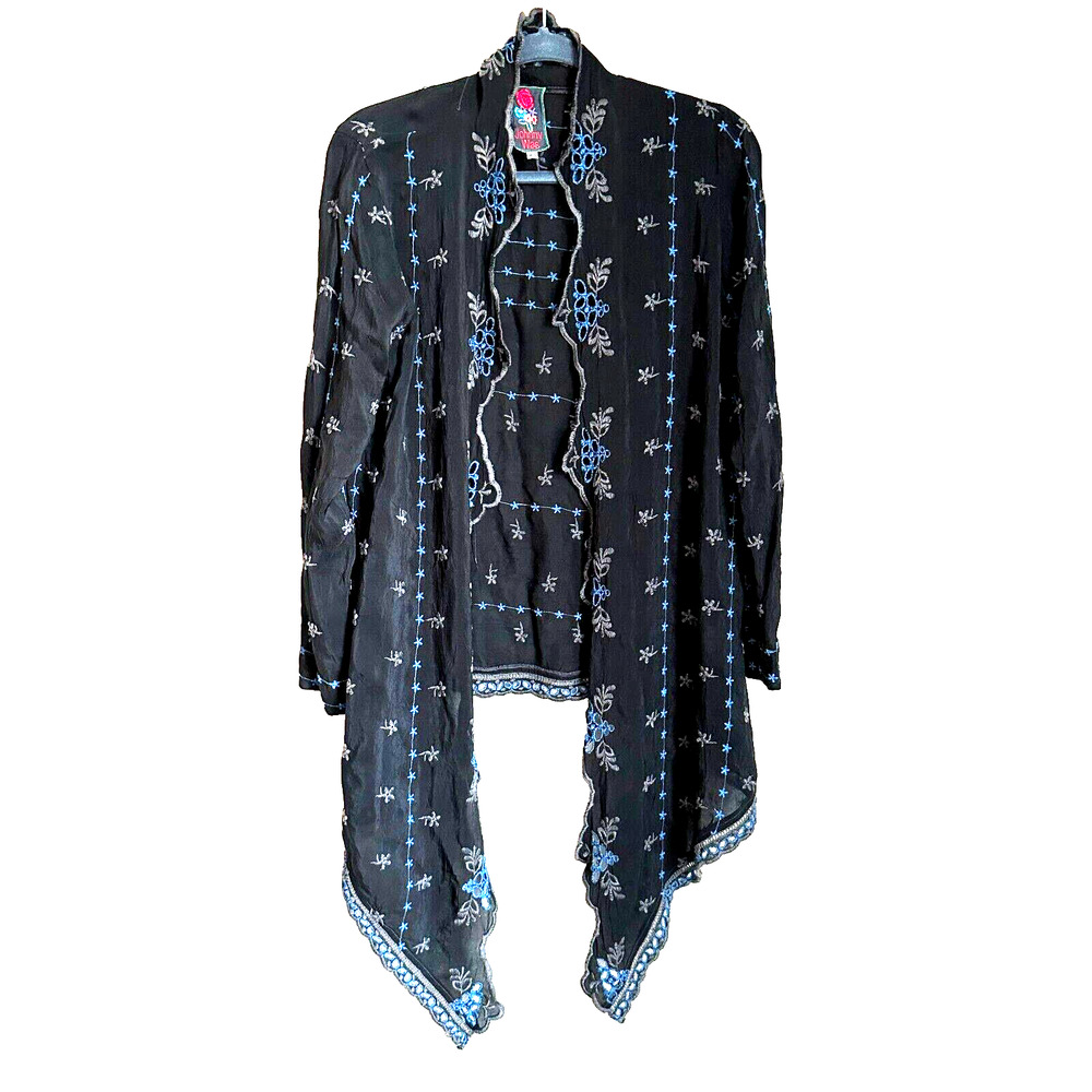 Johnny Was Open Front Embroidered Cardigan Sheer Black Blue Floral High Low Hem